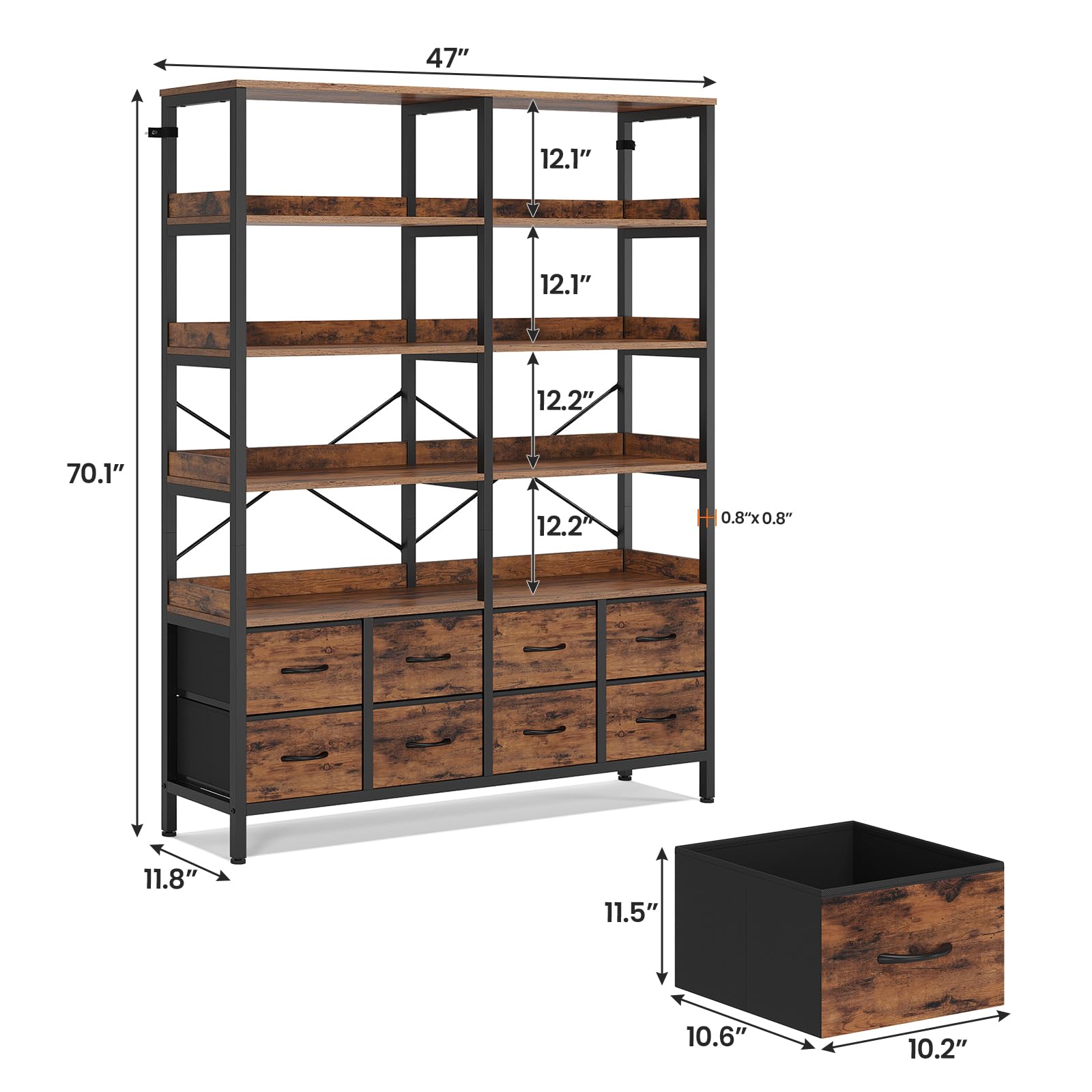 HAUOMS Bookshelf with 8 Fabric Drawers, 7-Tier Bookcase with Baffles Display Shelves, Industrial Large Book Shelf for Living Room Home Office, Rustic Brown