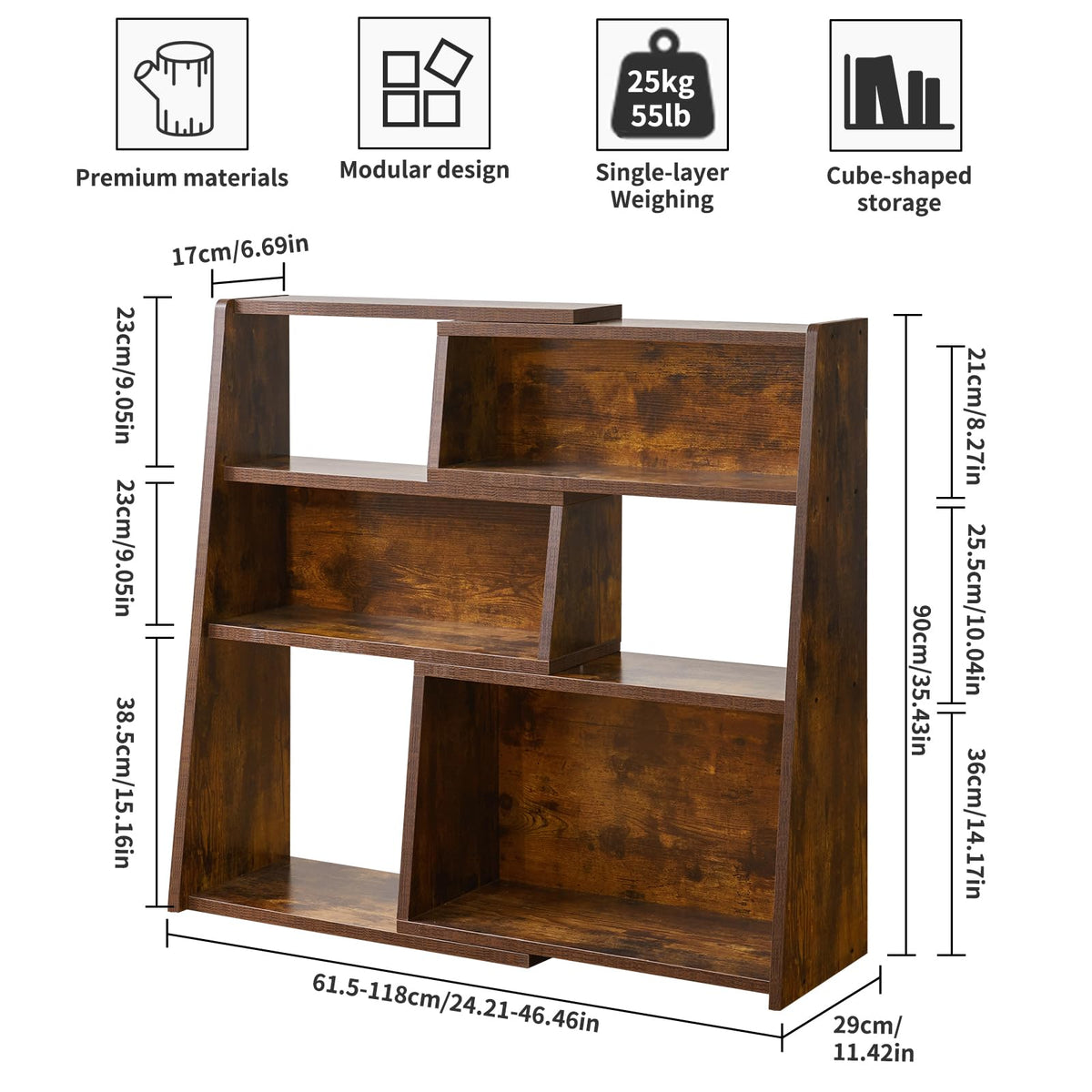 Aibiju Expandable 3-in-1 Convertible Bookcase with Adjustable Width, 4-Tier Modern Storage Organizer, Space-Saving Wooden Bookshelf Rustic Brown YD-BC005H