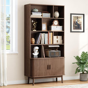 ONBRILL 71" Tall 8-Cube Storage Bookshelf, 35.4" Wide Mid-Century Modern Bookcase with Sliding Door Storage Cabinet, Freestanding Bookshelf with Solid Wood Feet, for Home Office, Living Room, Walnut
