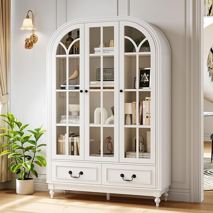 Arched Kitchen Pantry Cabinet with Glass Doors