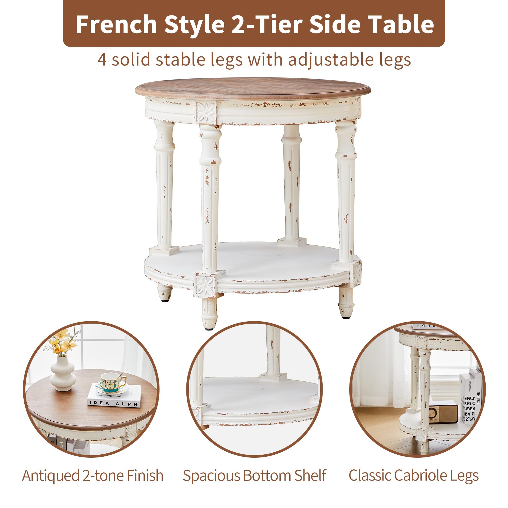 BERRYMERRY 23.6" French Country Two Tone Round End Table,Chipped White Vintage 2 Tier Side Table for Living Room Small Space,Easy Assembly (White 1 PC)