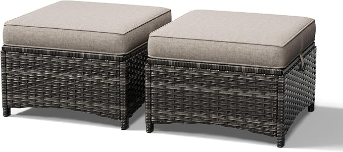 Outdoor Wicker Ottoman Set of 2 with Cushions