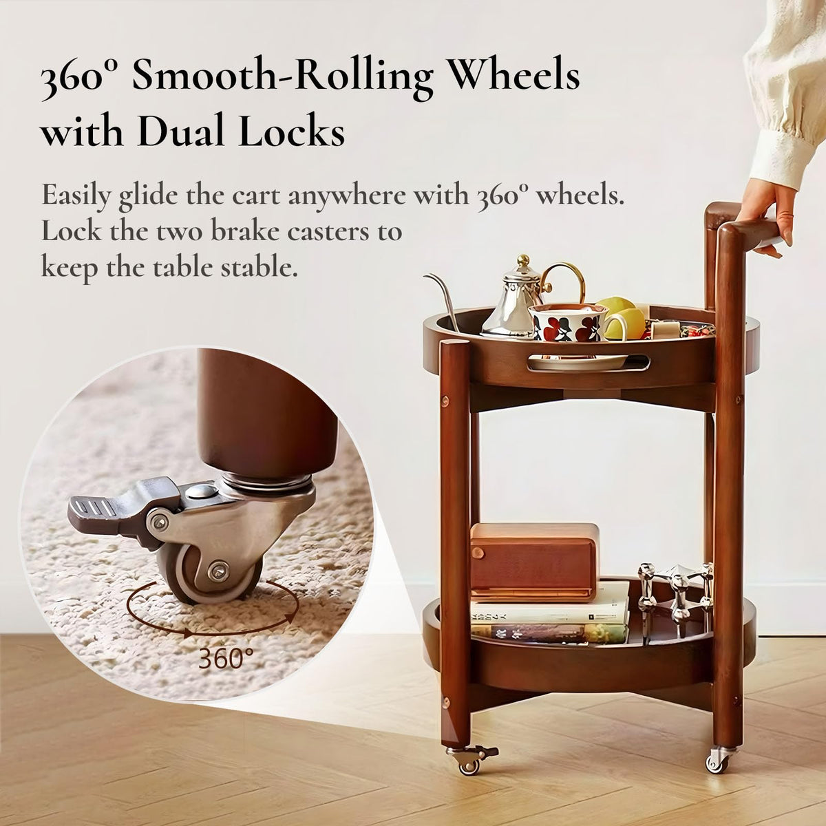 Cttasty Side Table with Wheels, Mid Century Modern Rolling End Table, Solid Wood Round End Table with Detachable Tray, Small Accent Table, Movable Coffee Table Cart(Walnut)