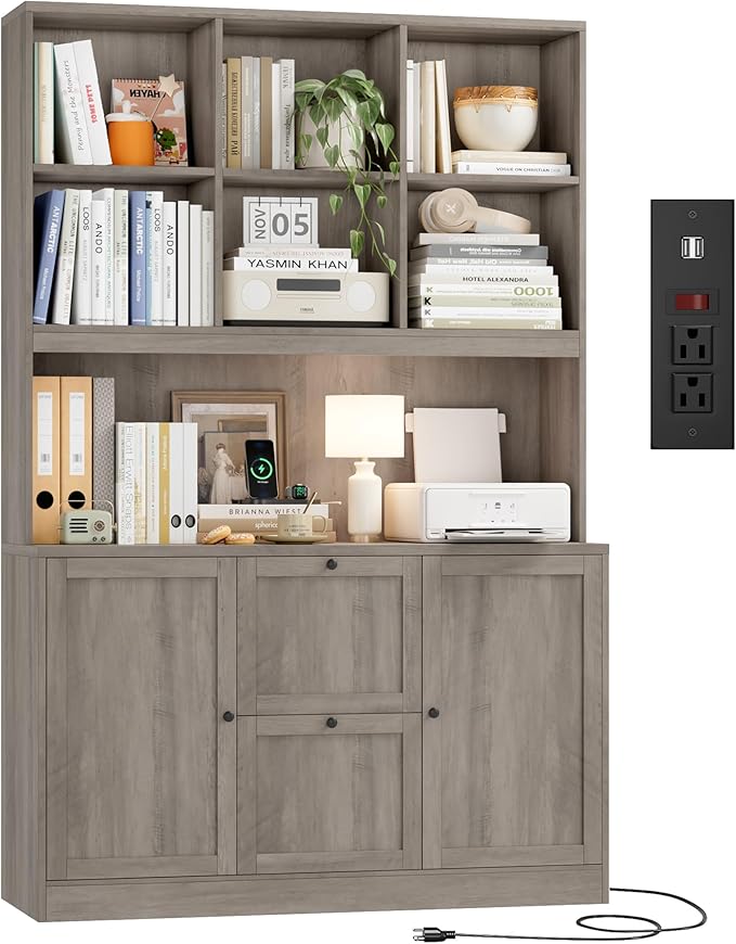 72" Tall Bookcase with Power Outlet & File Drawers