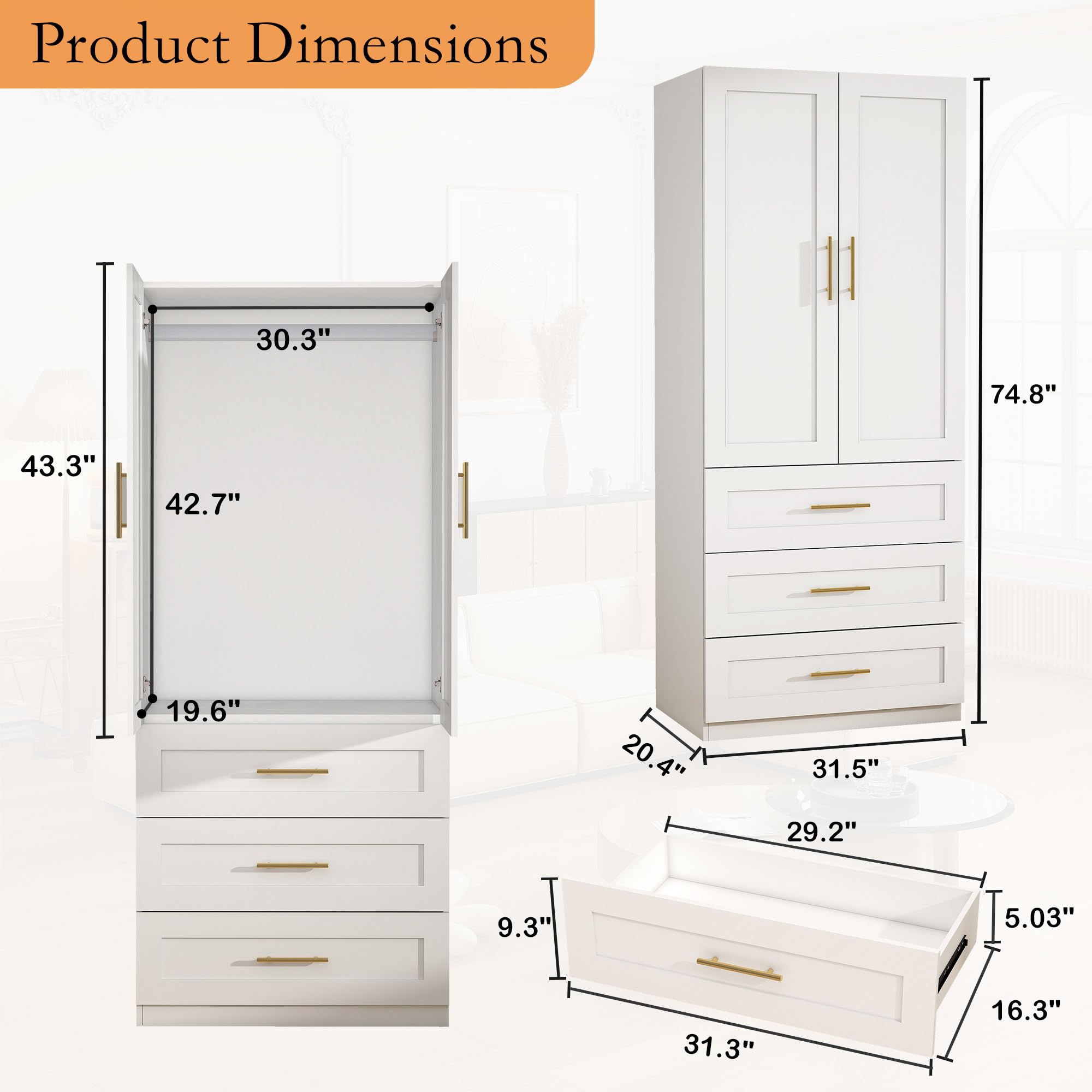 Wardrobe Closet with Drawers & Hanging Rod