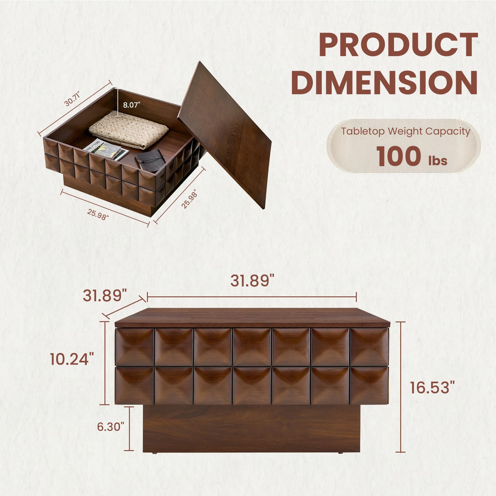LKTART Coffee Table with Storage, 31.89" Square Coffee Table with Solid Wood Veneered, Unique Wood Center Table for Living Room Home Office (Walnut)