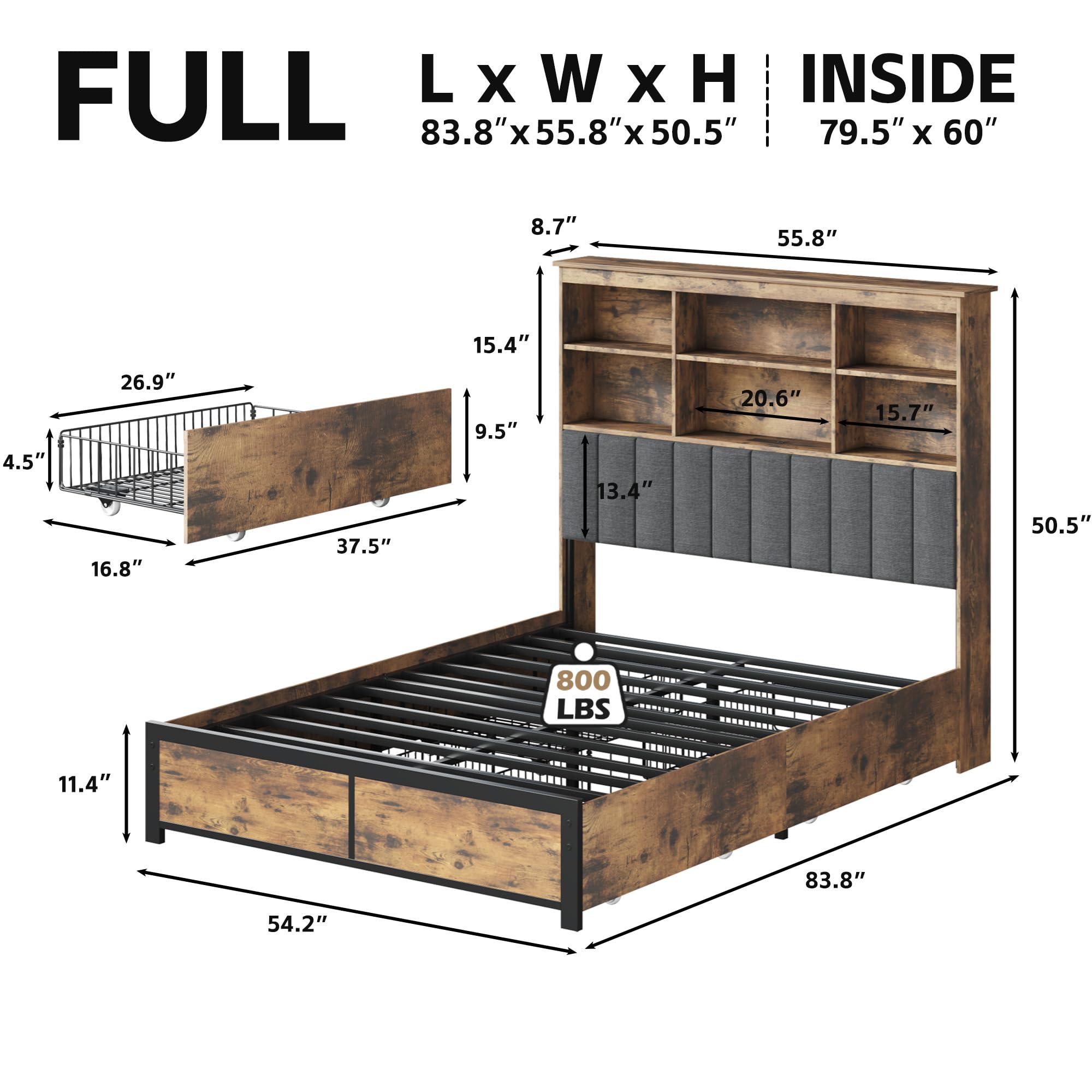 HISOFT Full Bed Frame with Headboard, Wood Bed Frame with High Storage Bookcase, 4 Storage Drawers & LED & Charging Station,No Box Spring Needed/Noise Free/All-Metal Support, Vintage Brown