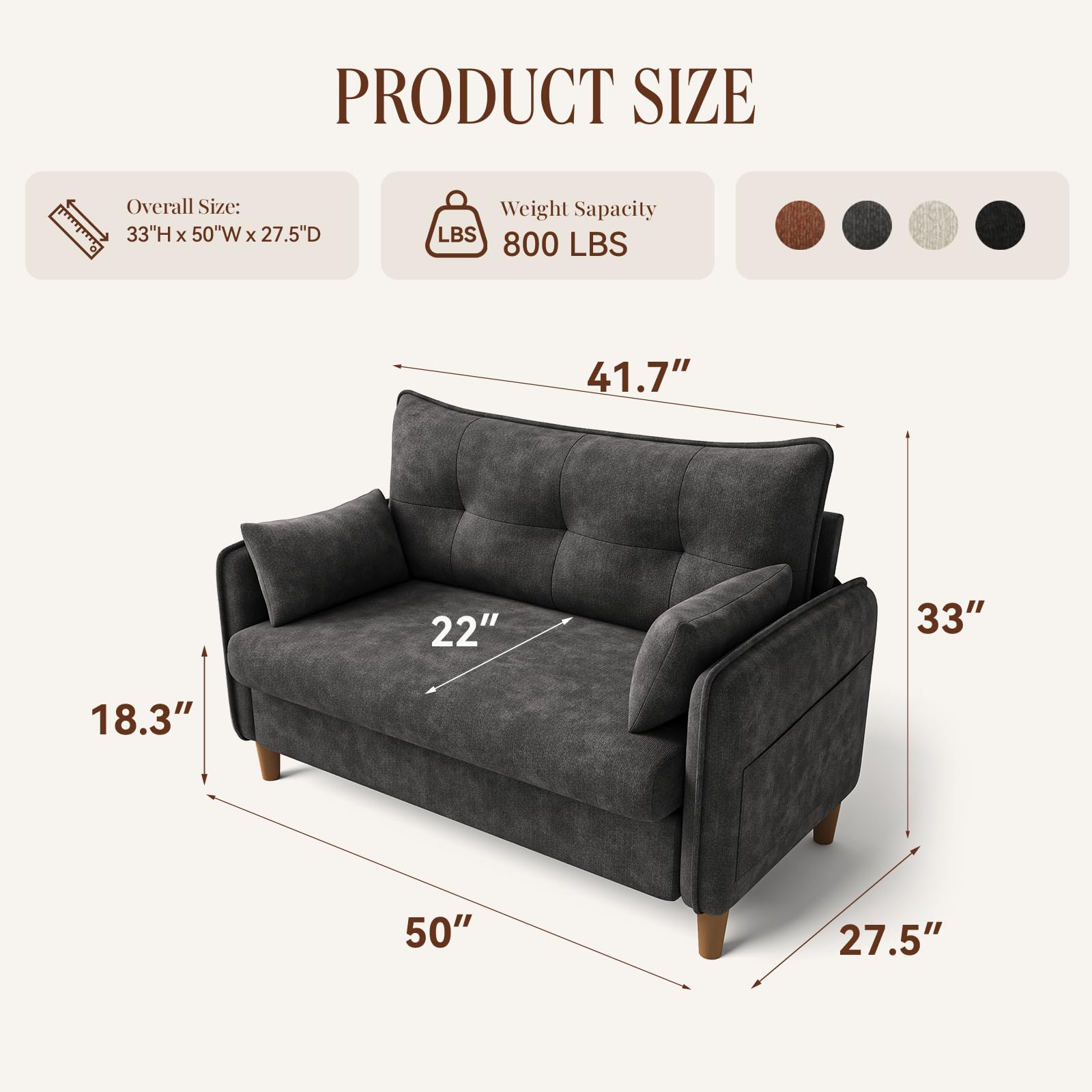 TROMIRY 50" Mini Loveseat Couch for Small Space | Tufted Love Seat Couches for Bedroom and Apartment | Small Sofa Dark Grey