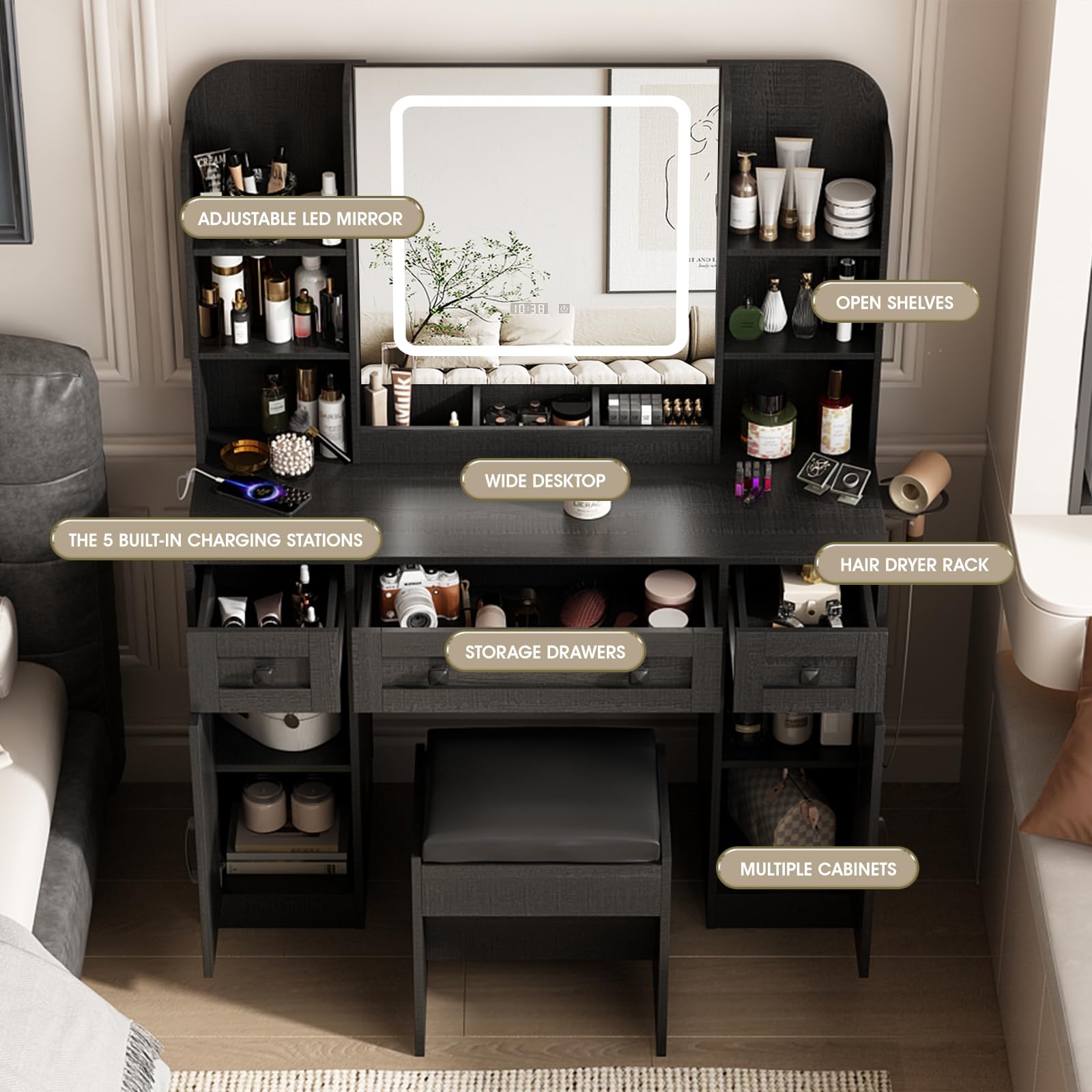 Vabches Black Vanity Desk, Vanity Mirror with Lights, Makeup Desk with Stool, Makeup Table with Large Storage Drawers and Shelves, Time and Temperature Display, 3 Led Lighting Modes Adjustable