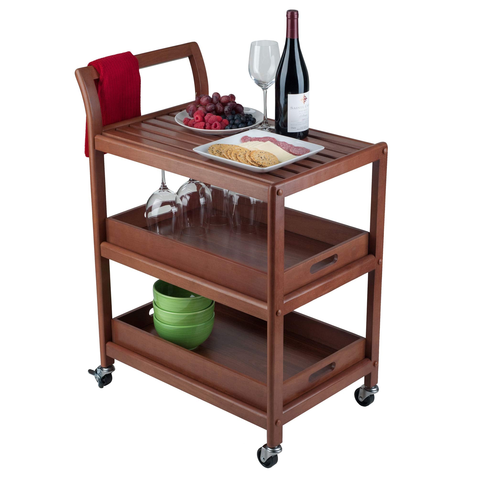 Winsome Albert 3-Tier Serving Cart, 33" in Walnut, Rolling Utility Bar Cart with Wheels for Snacks, Drinks, Kitchen Essentials, Storage & Organization for the Home or Apartment