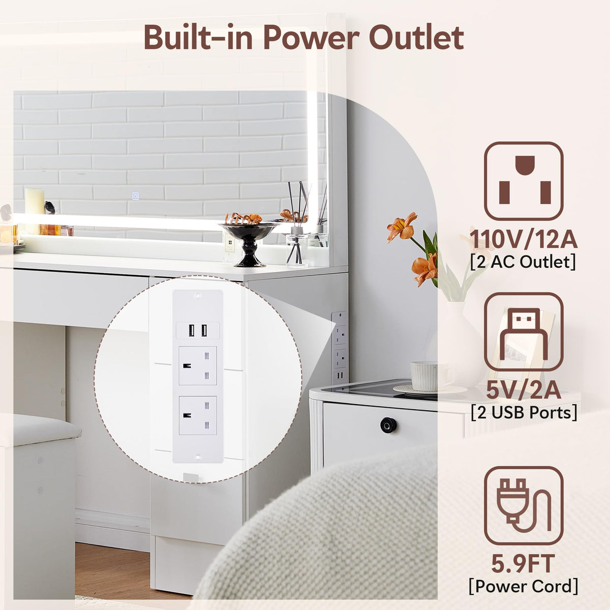 TUKAILAi 46.1" Large Vanity Desk with Mirror and LED Lights,7 Drawers & Power Outlet, White Modern Makeup Vanity Desk with PU Cushion Stool, Touch Control 3 Color Modes Dressing Table Set for Bedroom