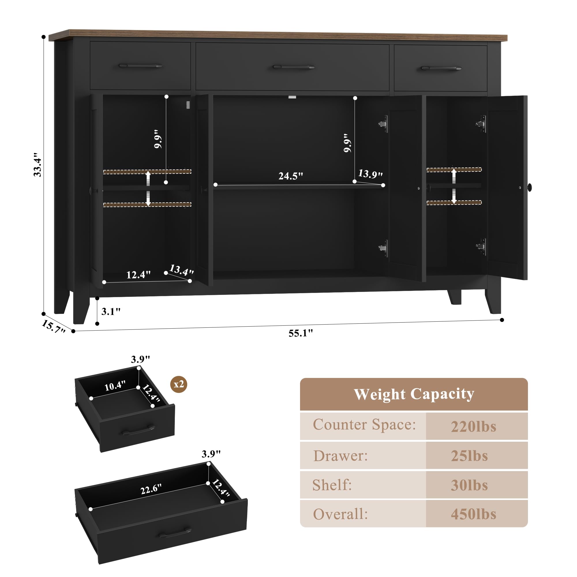 55" Buffet Cabinet with Drawers & Adjustable Shelves