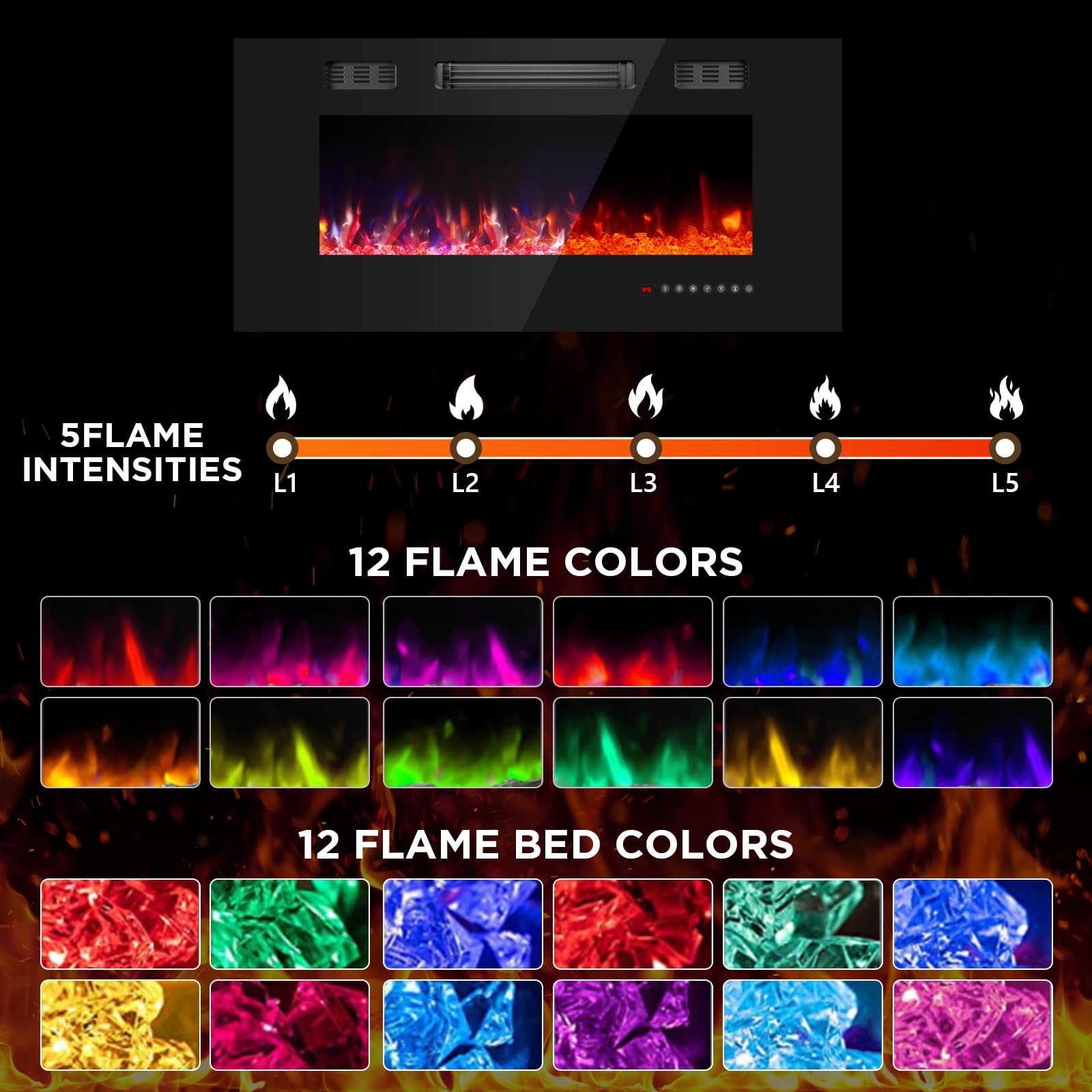 36 Inch Electric Fireplace with Crystal, Electric Fireplaces Insert, Wall Mounted/Recessed Fireplace with Remote Control, 12-Color Flame, Brightness & Speed