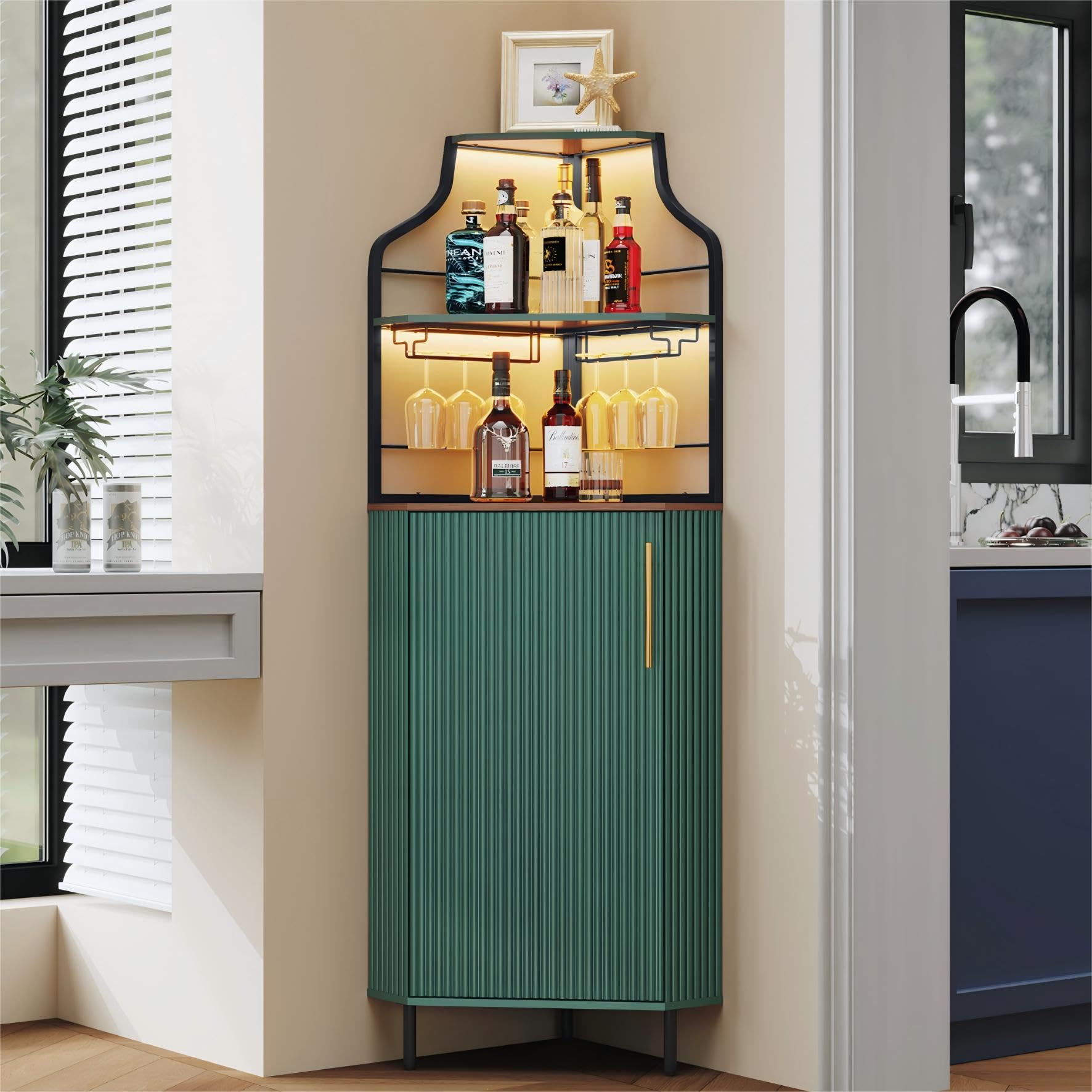 ARTPOWER Corner Bar Cabinet with LED Strip, 4-Tiers Modern Corner Coffee Bar with Glass Holder, Fluted Tall Liquor Cabinet for Kitchen, Dining Room, Living Room, Green