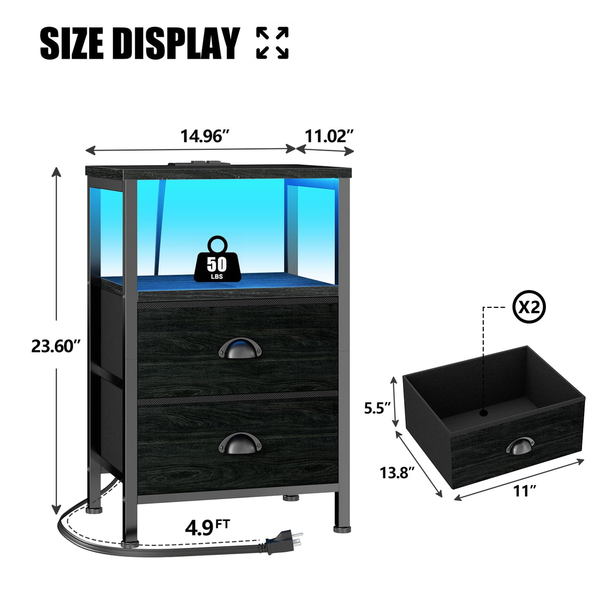 Furologee Nightstand Set of 2 with LED Lights, Charging Station, Black Oak