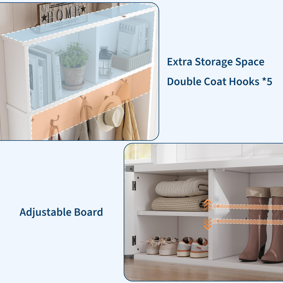 White Farmhouse Hall Tree with Shoe Storage