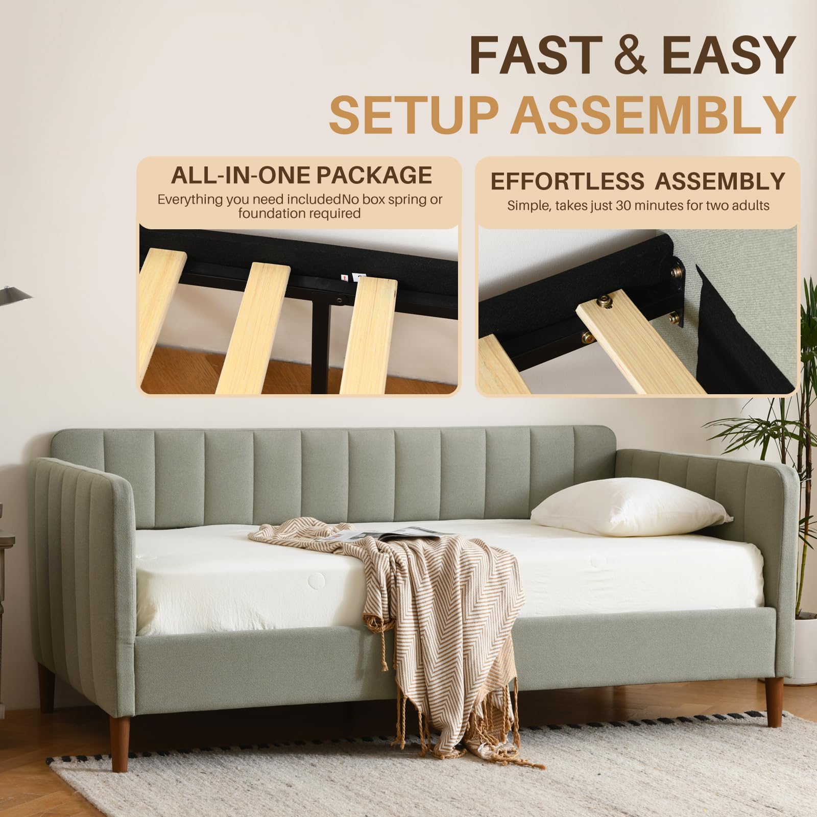 Twin Upholstered Daybed with Adjustable Backrest & Wood Slats