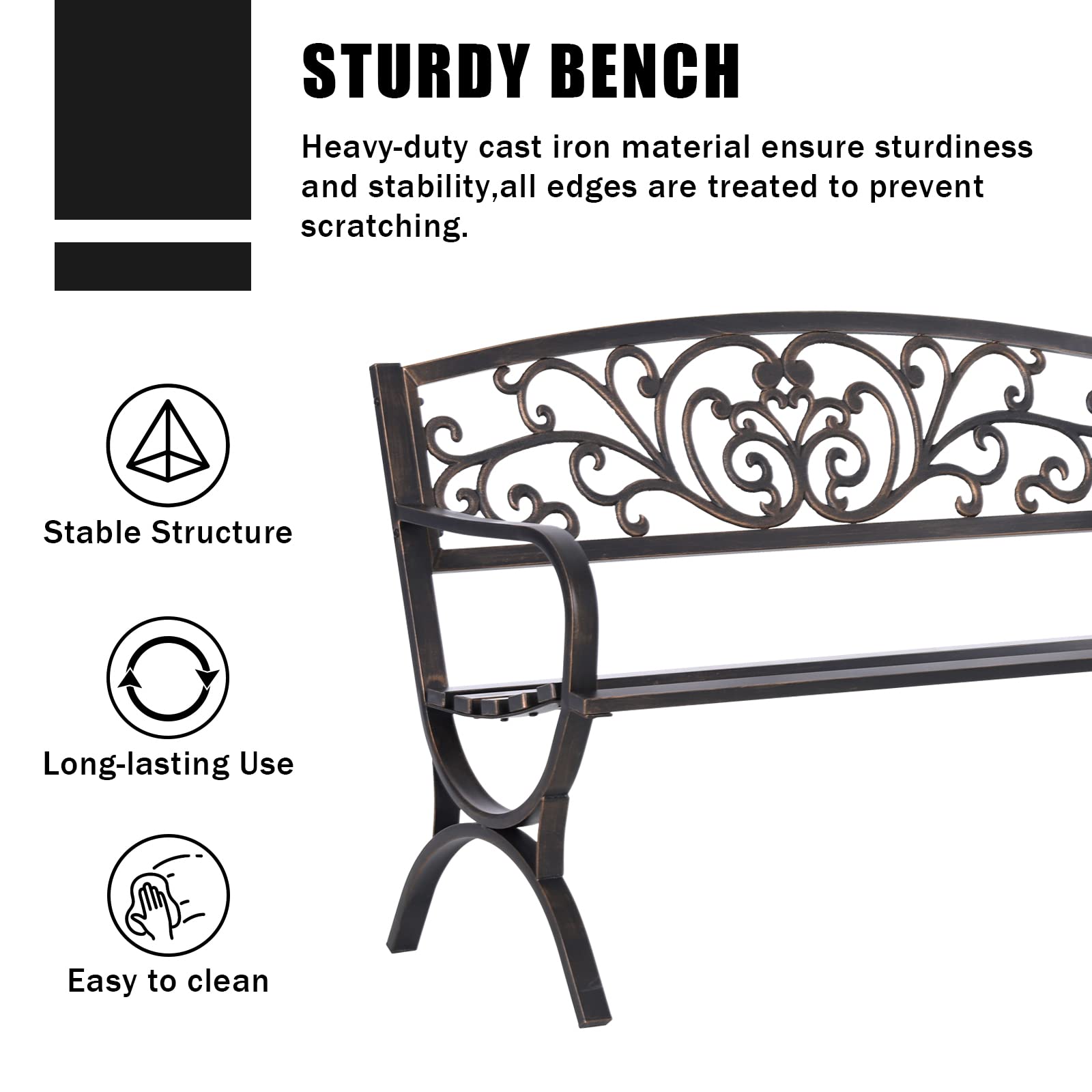 MFSTUDIO 50 Inches Outdoor Garden Bench, Cast Iron Metal Frame Patio Park Bench with Floral Pattern Backrest, Arch Legs for Porch, Lawn, Yard-Bronze