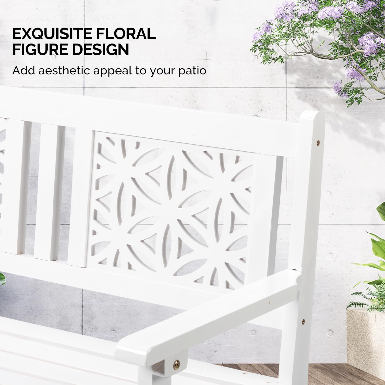 Floral Wood Outdoor Bench – 3-Seater, 660 lbs, White
