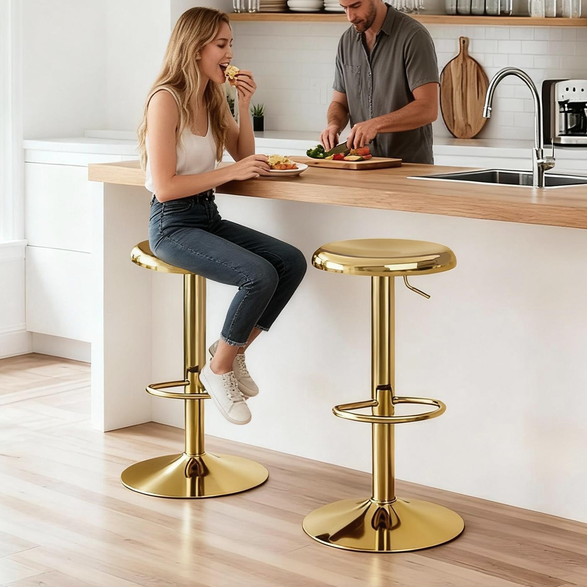 CAROLMADE Bar Stools Set of 2, Adjustable Metal Bar stools Swivel Counter Height Stool, Backless Barstools for Kitchen Island Pub, Gold
