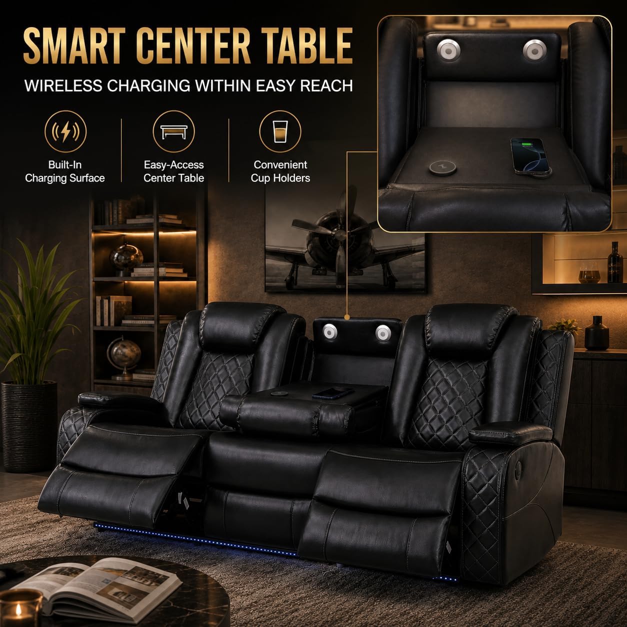 Puduvir Power Reclining Sectional Sofa for Living Room, 3 Pieces Leather Recliner Sofa Set with USB Ports, LED Light, Wireless Charger & Storage Console, Living Room Furniture with Home Theater Seat