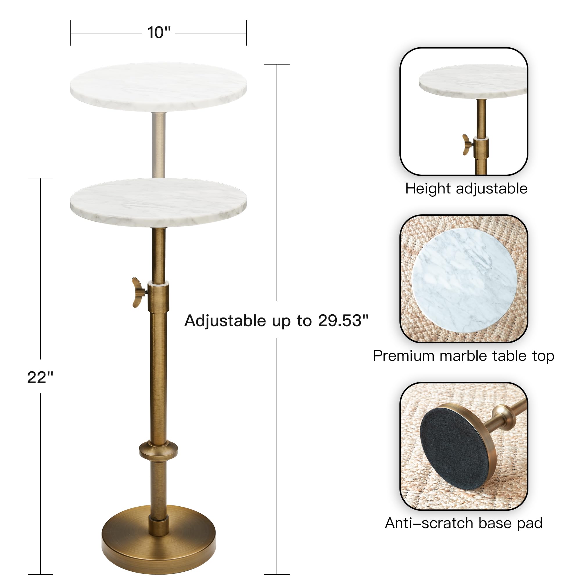 Adjustable Height Marble Pedestal Drink Table with Coasters