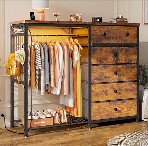 6-Drawer Dresser with Hanging Rack, LED Lights & Charging Station