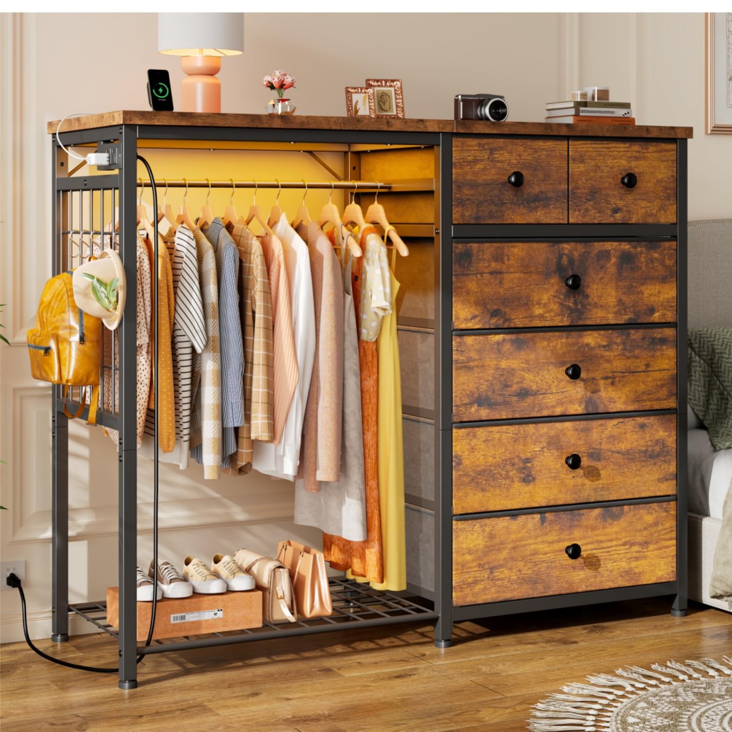 Dresser with Hanging Rack, 6 Drawers, LED Lights & Charging Station