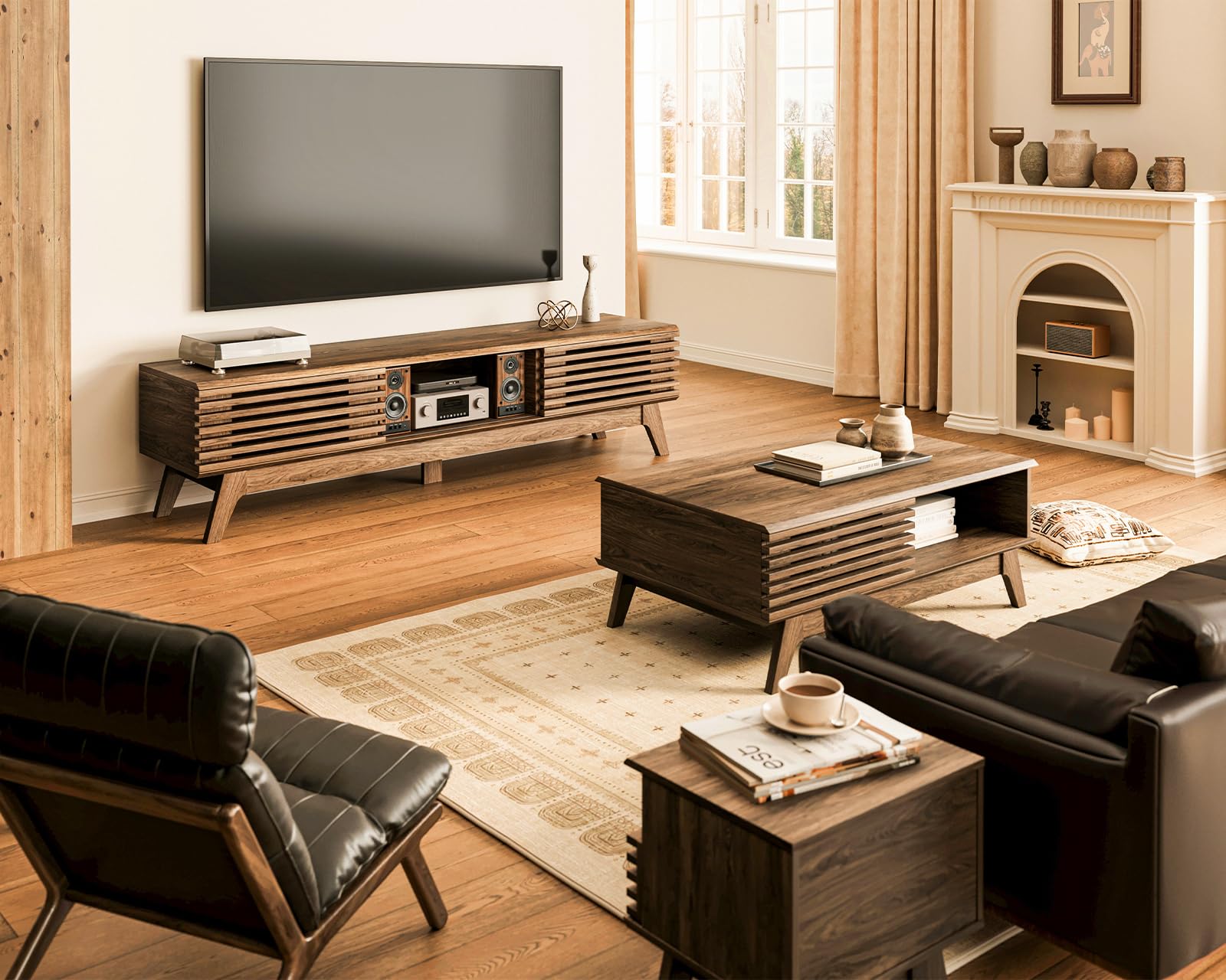 Mid-Century Fluted TV Stand with Sliding Doors & Storage