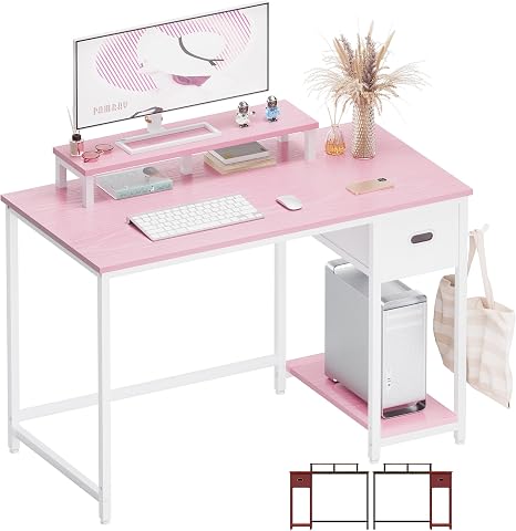 Computer Desk with Monitor Stand, Storage Drawer & Hooks