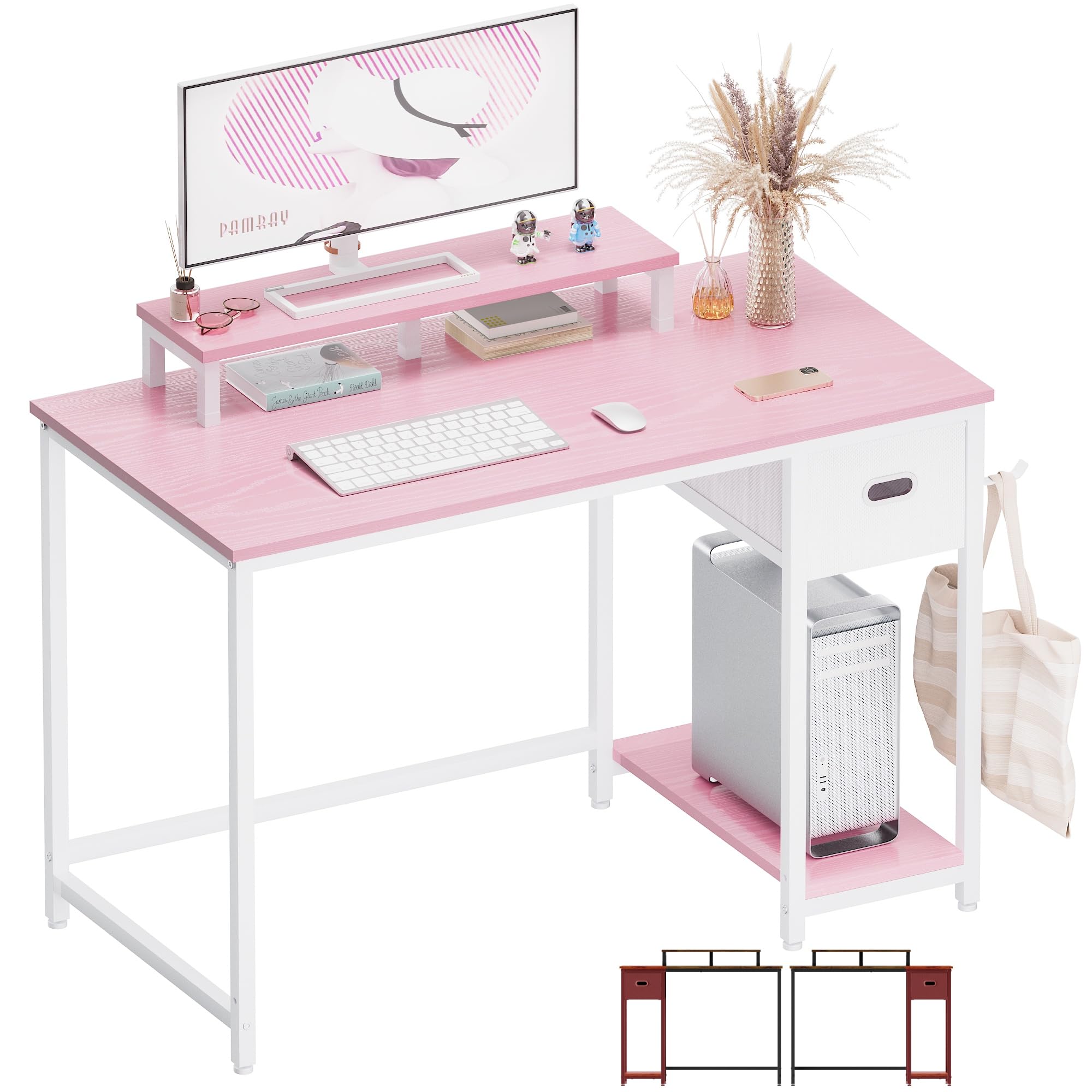 Pamray 39 Inch Computer Desk with Monitor Stand Small Home Office Desks with Non-Woven Storage Drawer for Bedroom Study Table Writing and Work Desk Pink