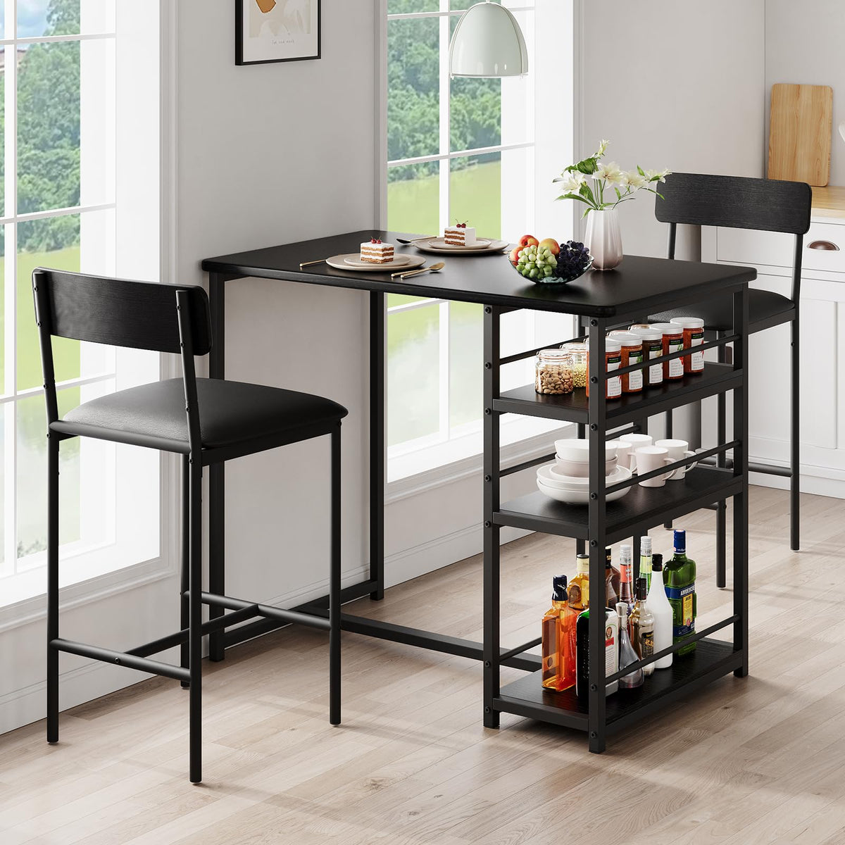 TricaLktdp 3 Piece Dining Table Set for 2 with 2 Upholstered Chairs, Rustic Pub/Bar Table Set + 3 Large Storage Shelves, Compact Kitchen Table for Small Spaces, Apartment, Breakfast Nook, Black