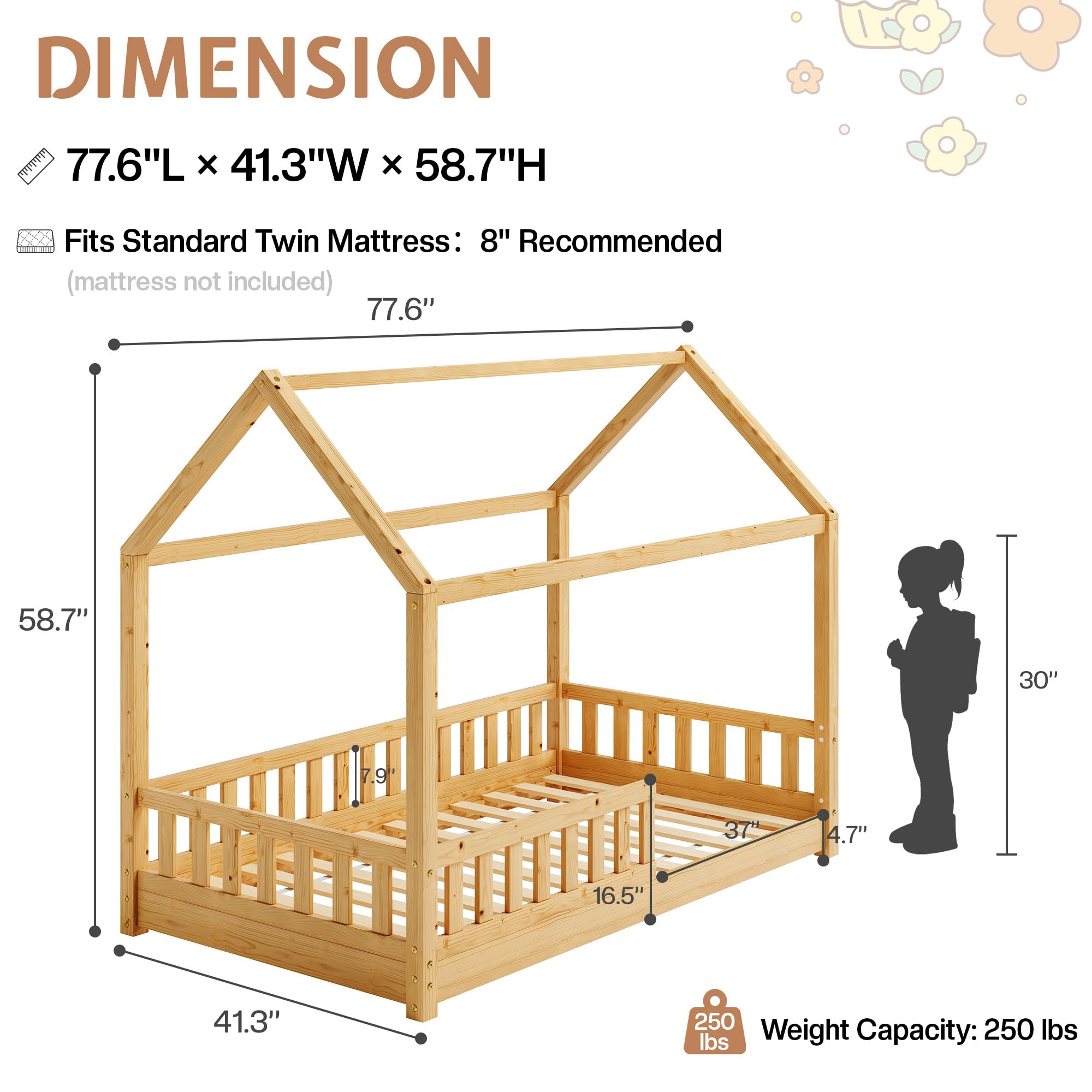 Jocisland Twin Size House Bed for Kids, Montessori 100% Wooden Floor Bed Frame with Guardrails, Removable Rails, Playhouse Roof, Easy Assembly, Toddler Floor Bed for Boys & Girls, Natural Wood