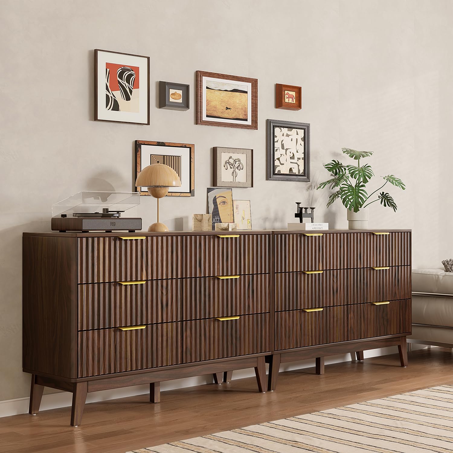 Modern 6 Drawer Dresser, Walnut, Fluted Wave Design, Rounded Corners, Mid Century Dresser TV Stand, 48" Wide Chest of Drawers for Bedroom and Living Room