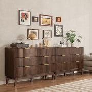 Modern 6 Drawer Dresser, Walnut, Fluted Wave Design, Rounded Corners, Mid Century Dresser TV Stand, 48" Wide Chest of Drawers for Bedroom and Living Room