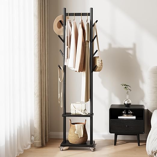 Solid Wood Rolling Coat Rack with Hooks & Shelves