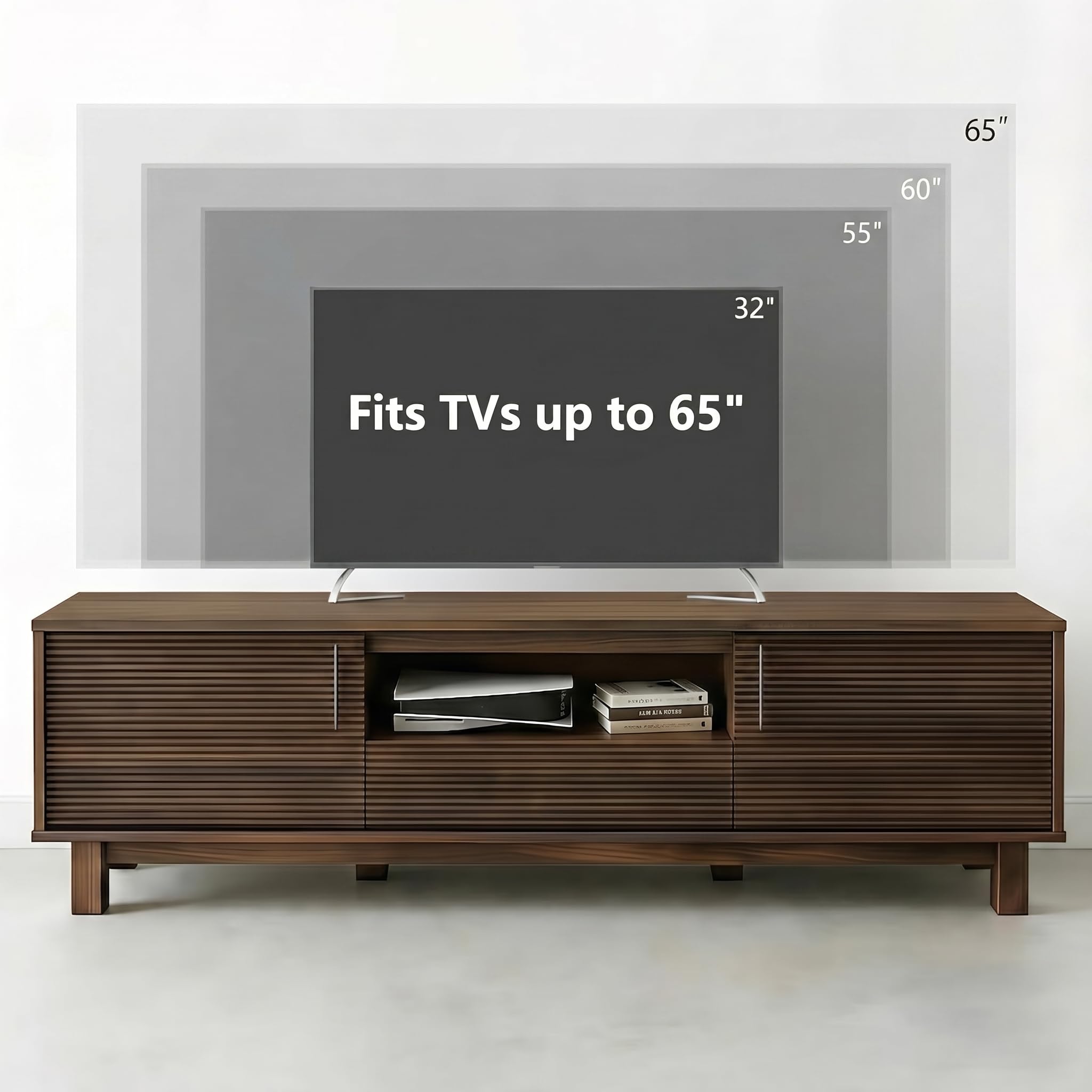 Amada 58" TV Stand for TVs up to 65 Inch, Fluted Entertainment Center with Storage Cabinets and Drawer, Mid Century Modern TV Console for Living Room & Bedroom, Walnut