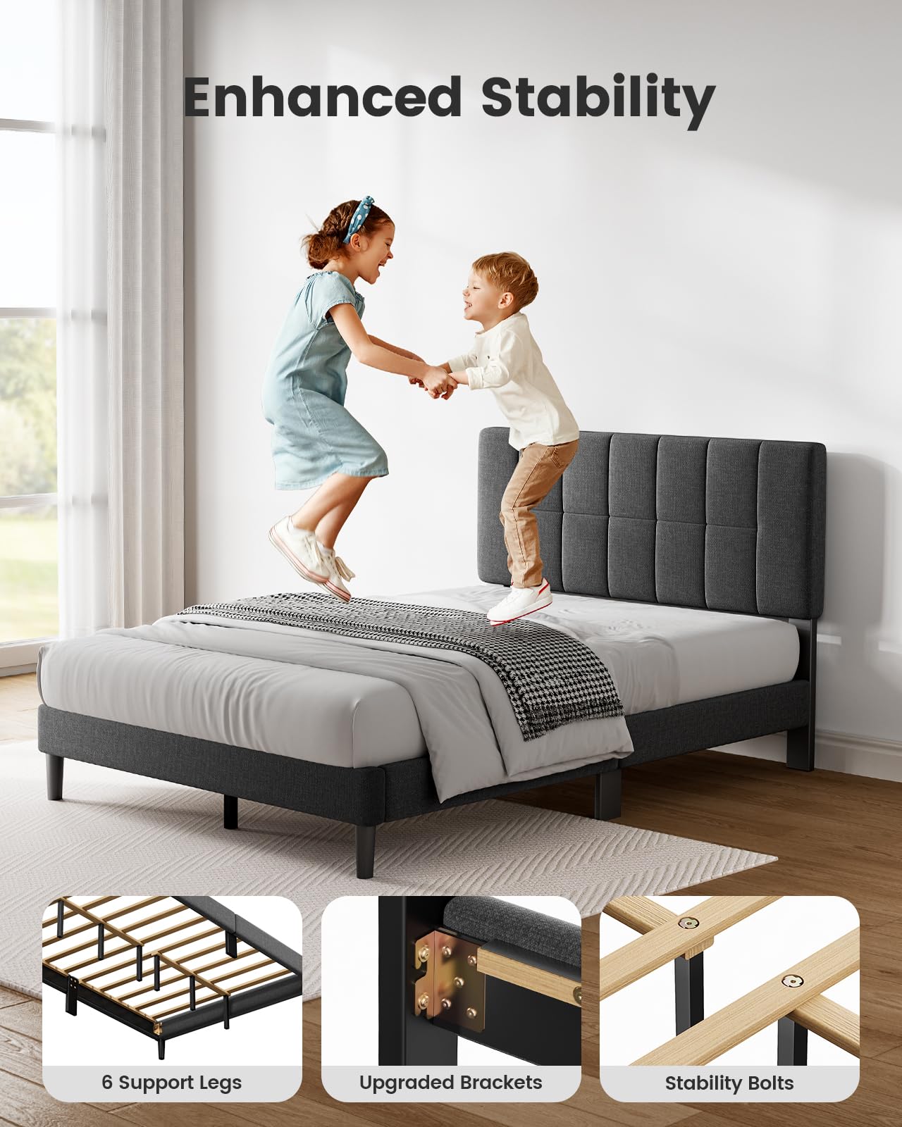 Upholstered Platform Bed Frame with Adjustable Headboard & Under-Bed Storage