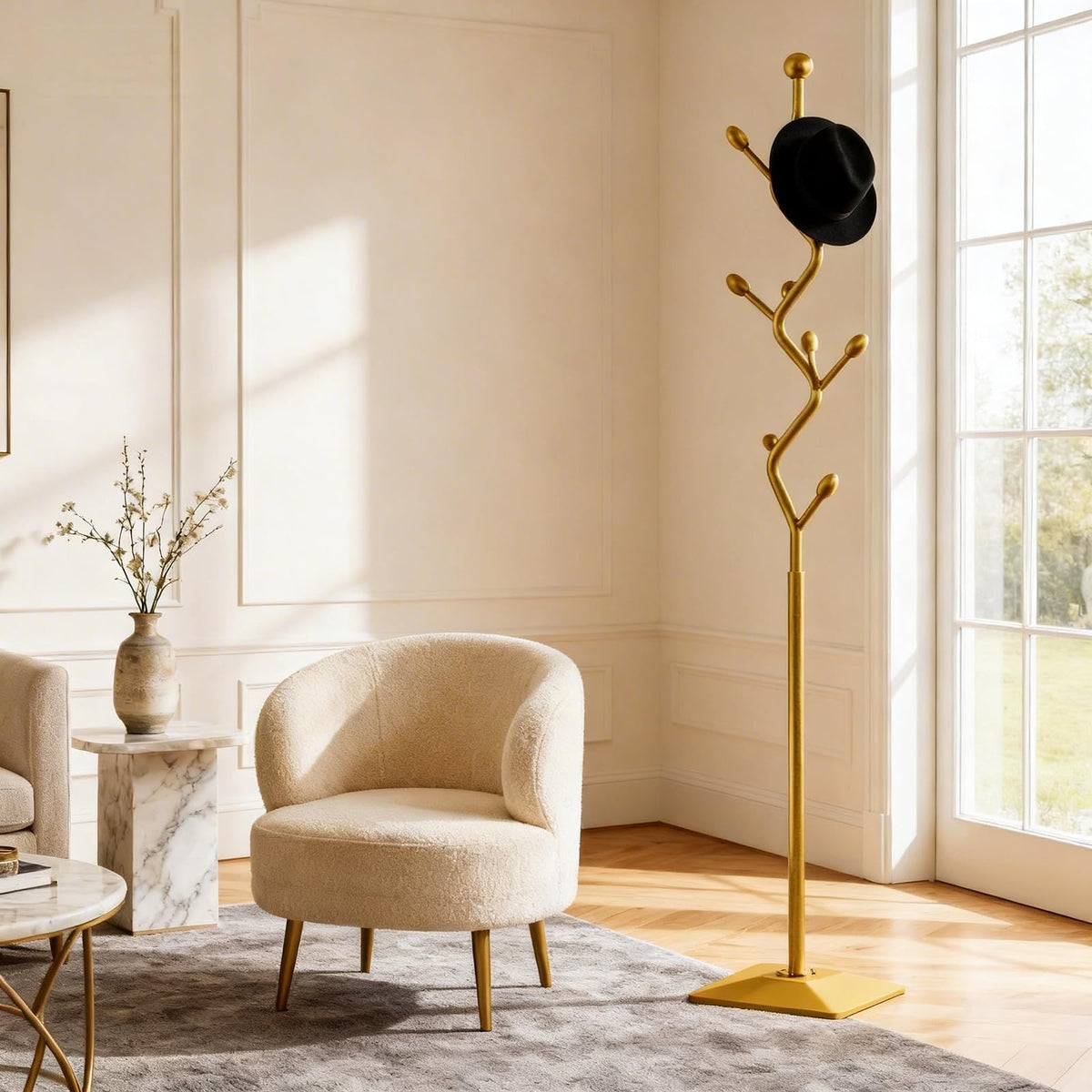 BUZUEY Gold Coat Rack Freestanding Metal Tree Coat Stand with Hooks,Modern Decorative Standing Hat Rack for Entryway Bedroom Living Room