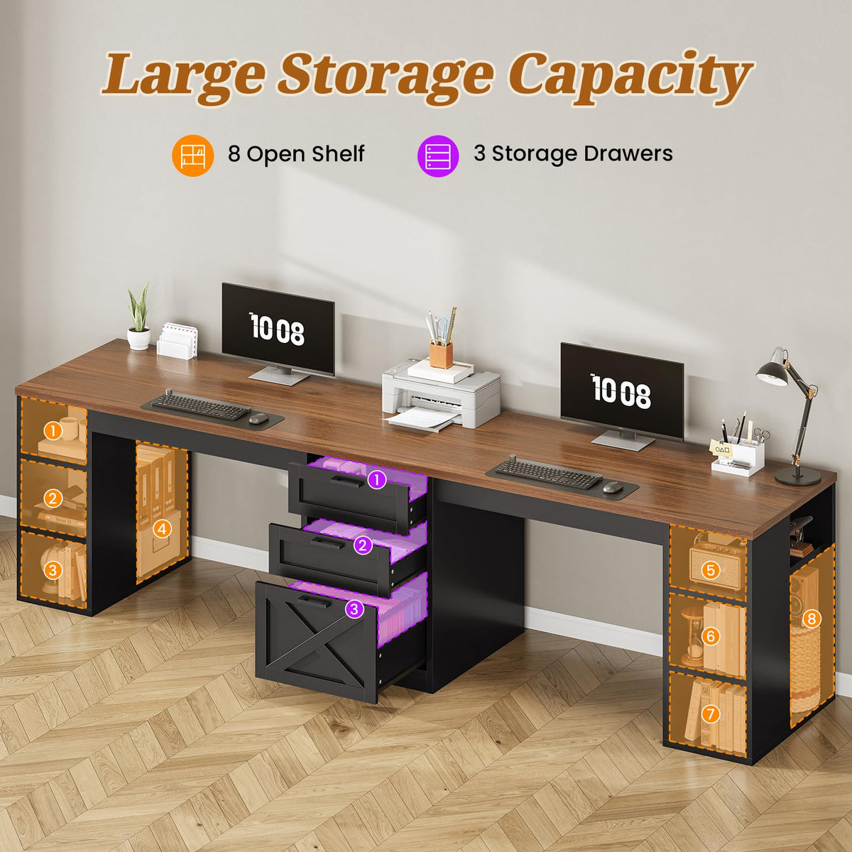 SEDETA Farmhouse 96.5" 2 Person Home Office Desk with Drawers