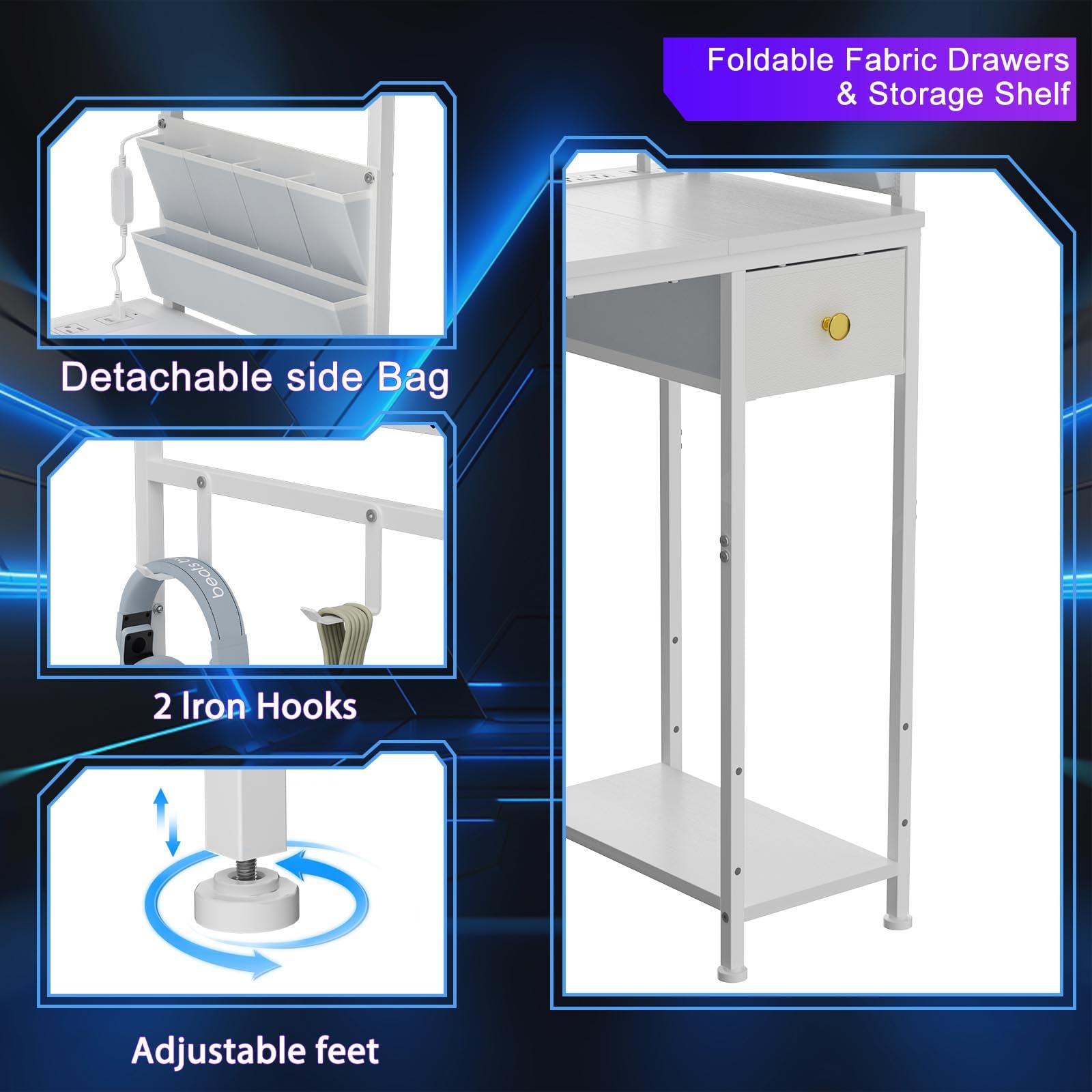 L-Shaped Gaming & Office Desk with LED Lights & Power Strip