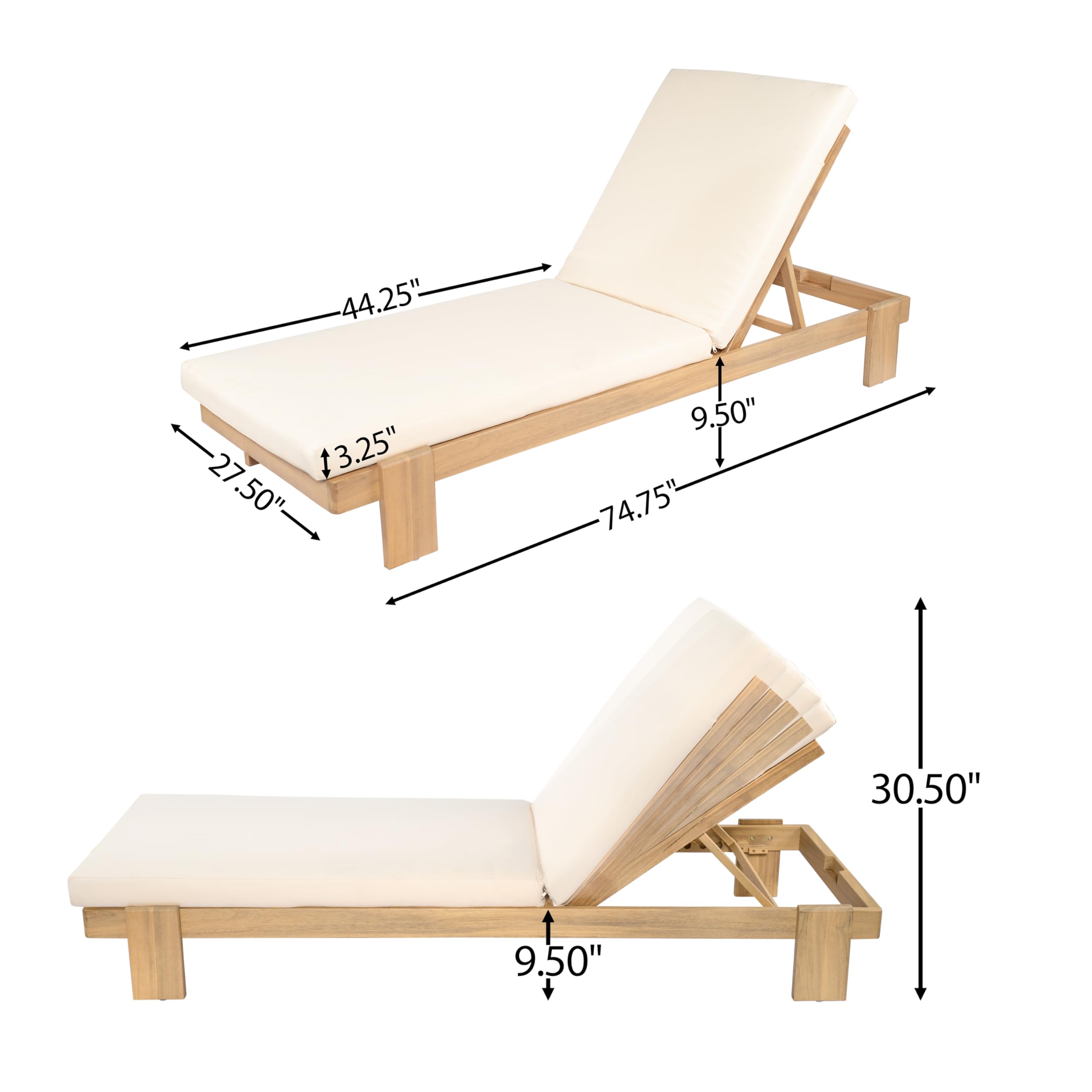 Acacia Wood Outdoor Chaise Lounge Set of 2 with Adjustable Backrest & Cushions