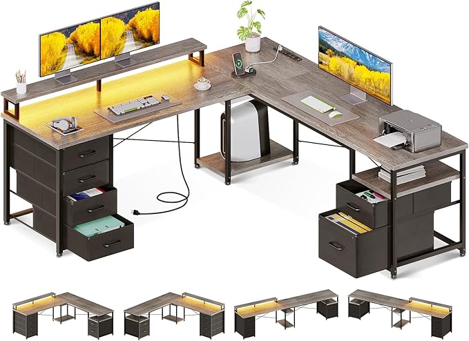 L-Shaped & Long Computer Desk with File Cabinet, LED Lights & Power Outlet