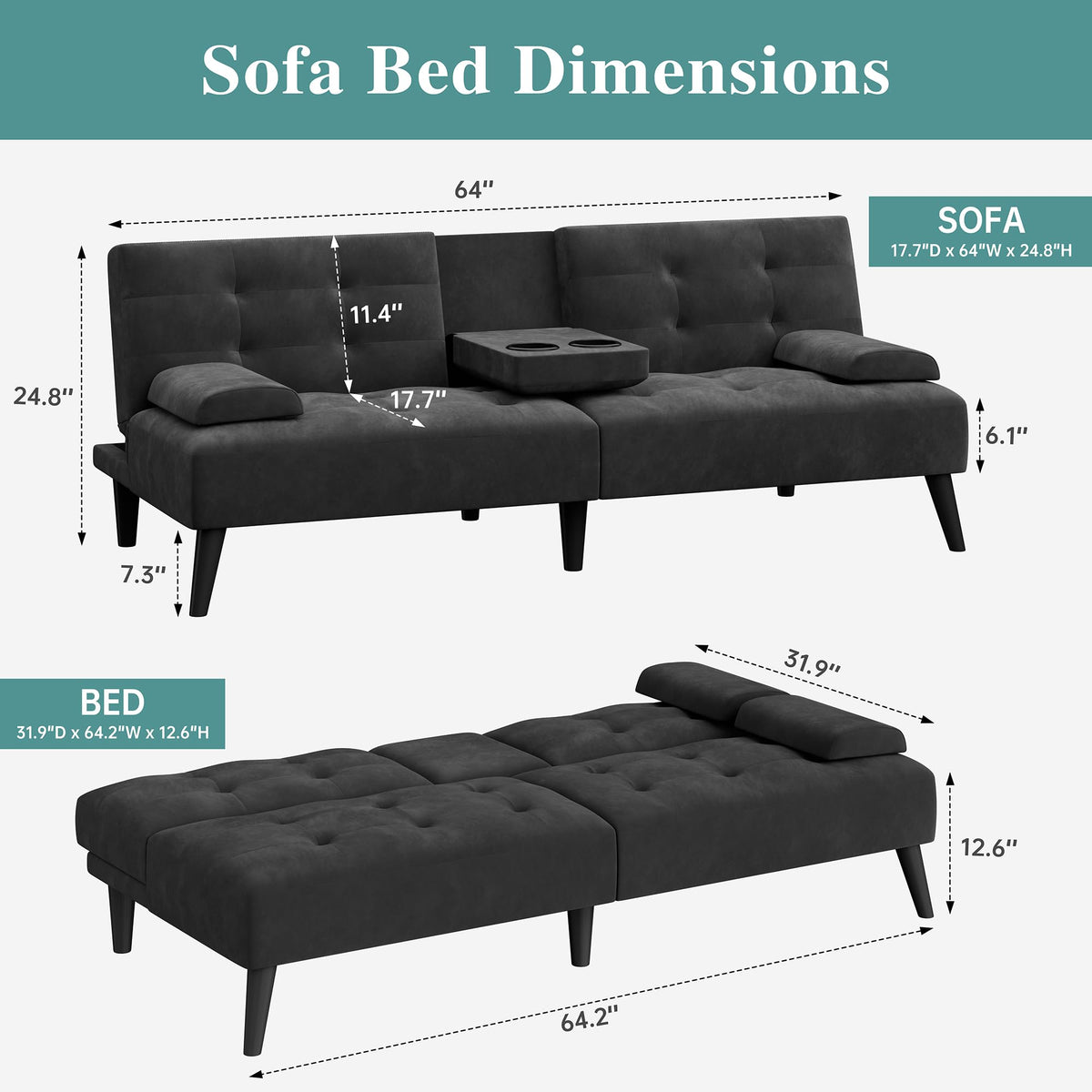 Meilocar 64" Futon Sofa Bed, Small Loveseat, Cup Holders Armrests, Black
