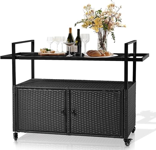 Outdoor Wicker Bar Table with Steel Shelves