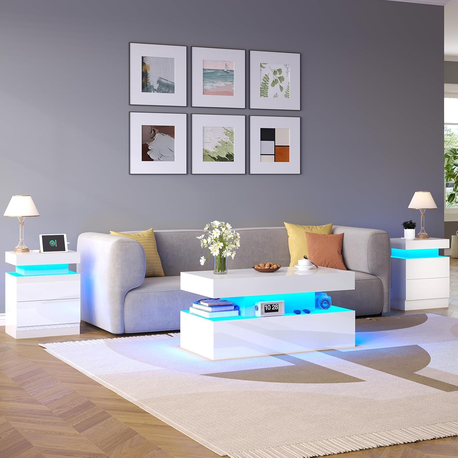 LUXOAK Nightstand Set of 2 with Charging Station and LED Light, Modern Side Table with 2 Drawers and Open Storage Shelf, End Table for Bedroom, White