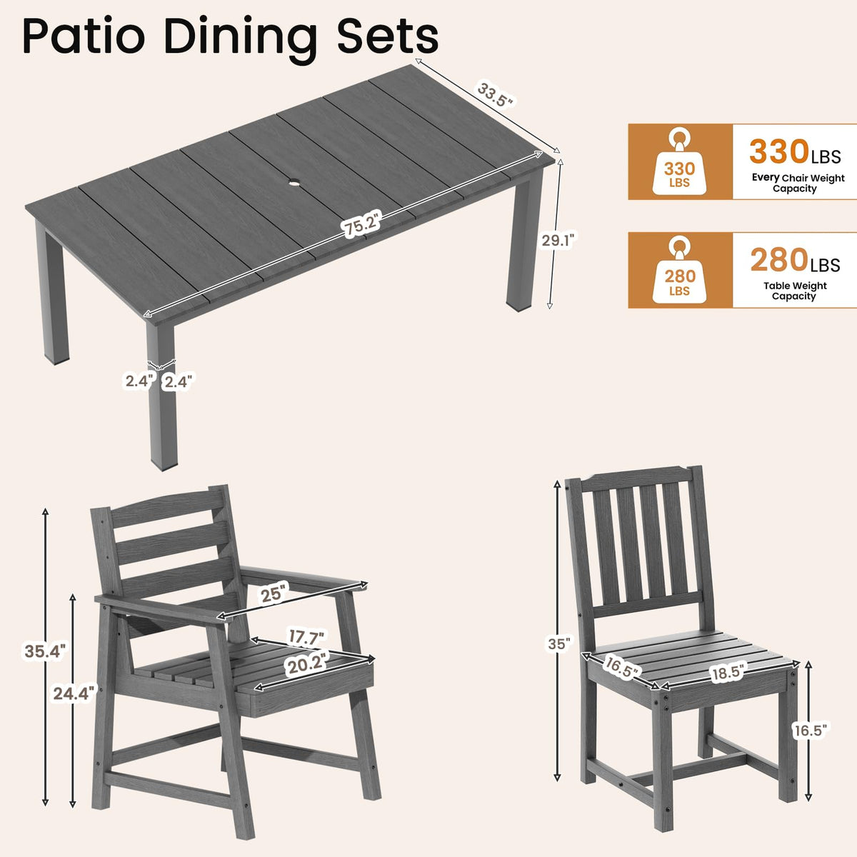 Ayge 9-Piece Outdoor Dining Set – HDPE Patio Furniture for 8 with 2" Hole Cut-Out Table & 8 Chairs, Perfect for Pool, Patio, Garden, Gray
