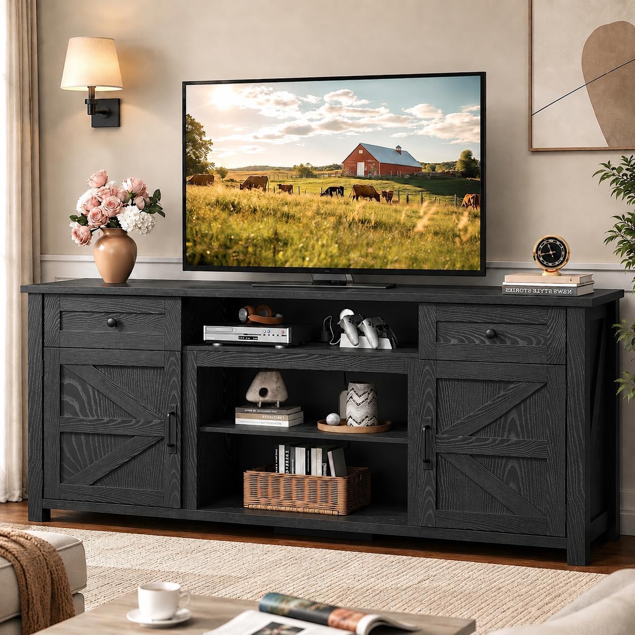 WLIVE TV Stand for 75/70 Inch TV, Entertainment Center with Storage & Power Outlet, Farmhouse Media Console Cabinet with Drawers and Adjustable Shelves for Living Room, Black