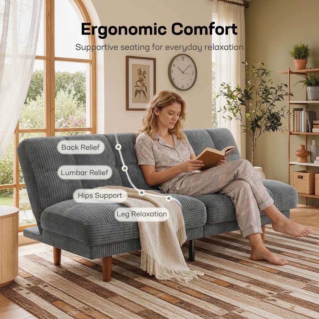 Marsail 70" Convertible Futon Sofa Bed, Small Recliner Sleeper Sofa with Adjustable Backrest, Corduroy Loveseat Futon Couch for Apartments, Living Room, Office, Guest Room (Grey)