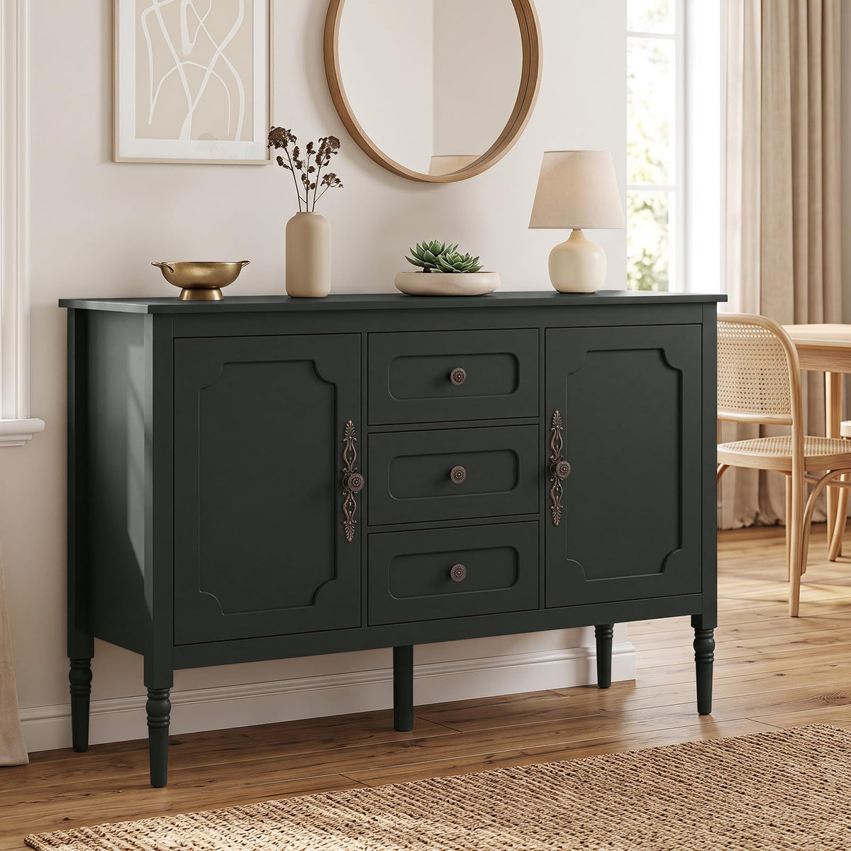 SILKYDRY Buffet Cabinet, 47" Vintage Sideboard w/Adjustable Shelves(Green)